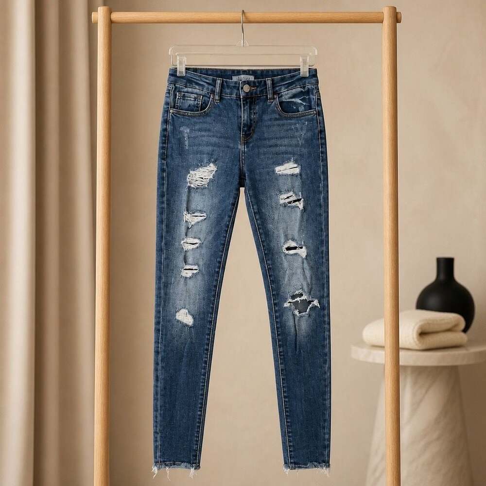 KanCan Signature Mid-Rise Distressed Skinny Jeans with Raw Hem #1167B